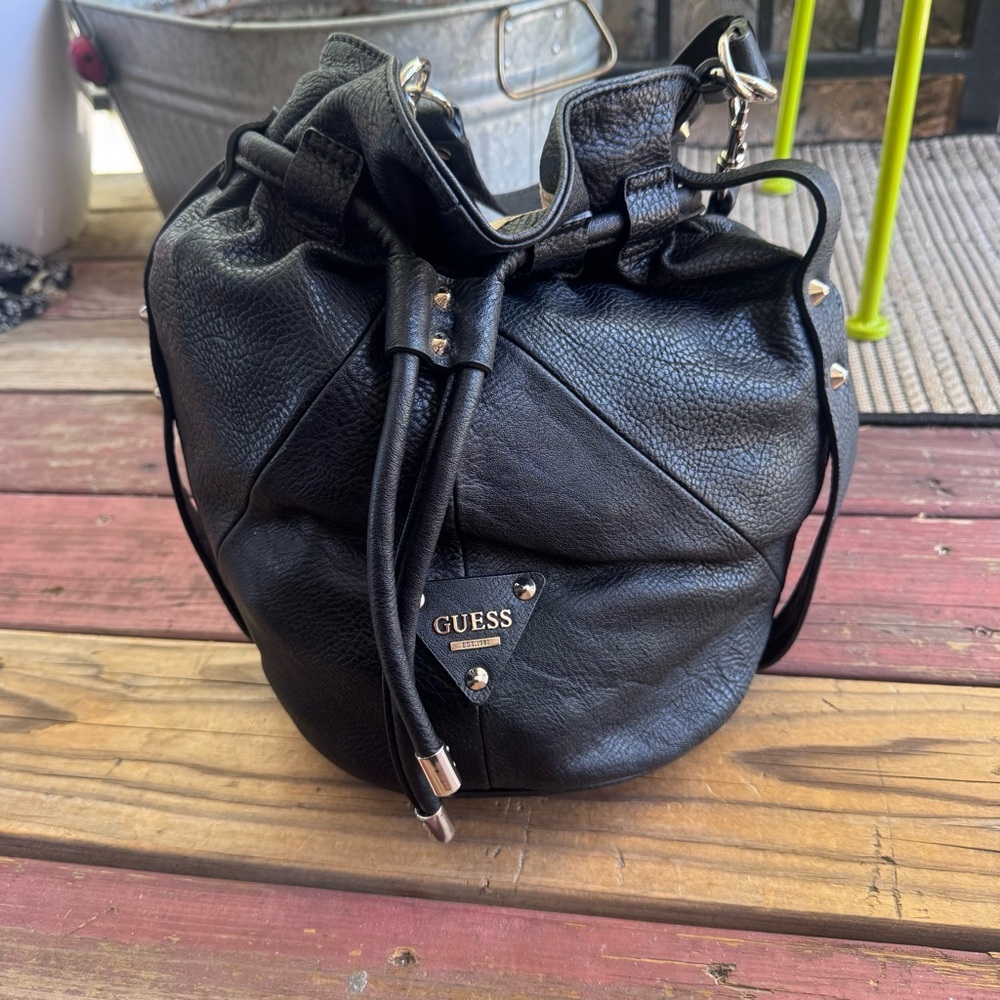 GUESS Black Faux Leather Drawstring Backpack